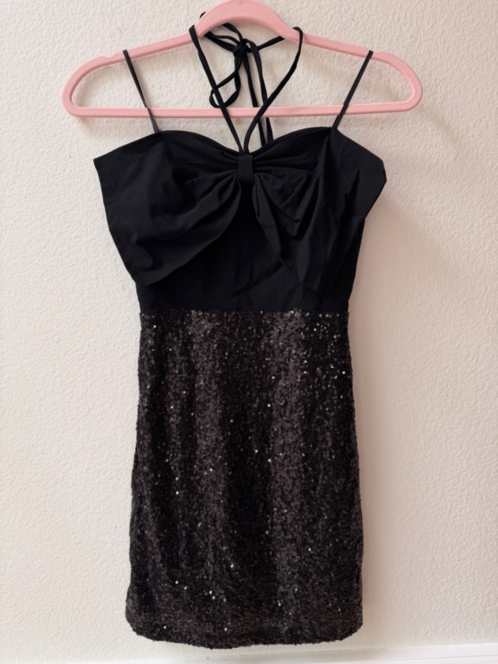 Black Sequin Mini Dress Bow‎ Halter Open Back Party Club Glam Birthday Vegas